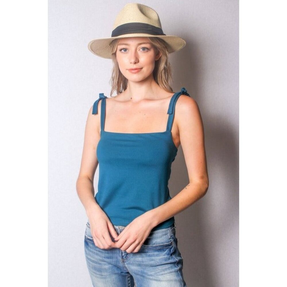 Teal Tie-Shoulder Tank Top By Gaze Size M Polyester/Spandex Square Neck Lightwei